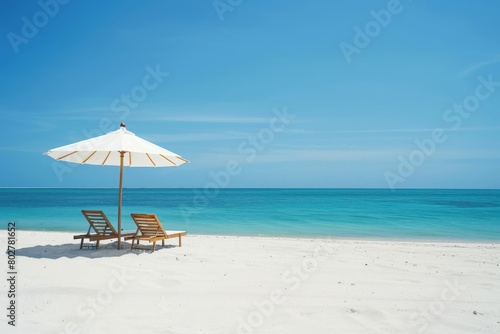 Idyllic Tropical Beach Paradise with White Sands, Turquoise Waters, and Sun Loungers. Horizontal banner with copy space