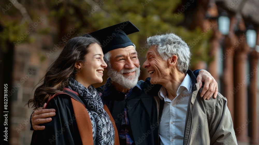 Fototapeta premium Proud Senior Man with Graduate Daughter and Happy Spouse on Campus