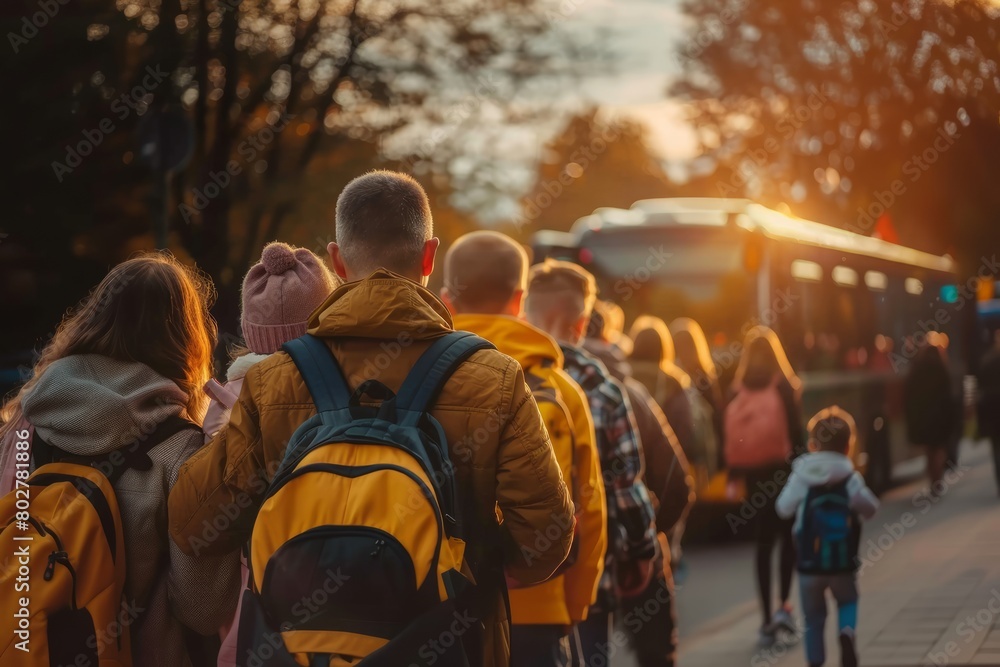 A back view of a German parents commuting to school with their children in the morning A back view of a German parents commuting to school with their children in the morning