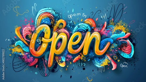 Open sign, poster with spectrum brush strokes on white background. Colorful gradient brush design
