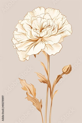 A single flower on a stem with a bud, drawn with gold lines on a beige background.