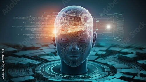 Conceptual illustration of a human head with brain activity and cosmos