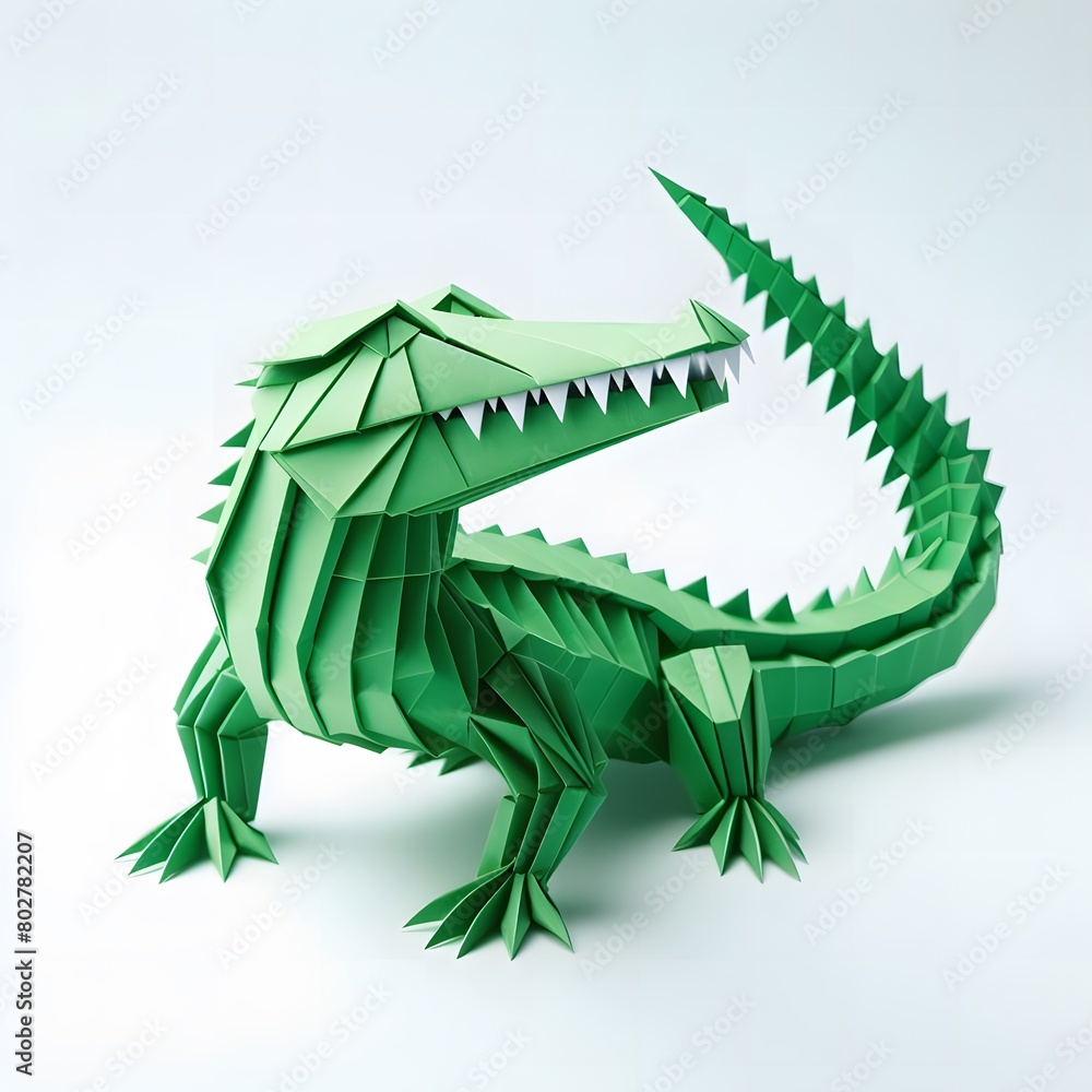 Naklejka premium Green crocodile, folded paper, white background