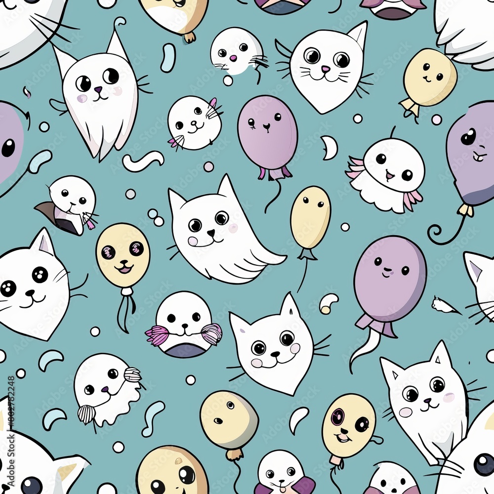 Obraz premium Seamless pattern of playful ghost puppies and bouncing balls, Generative AI