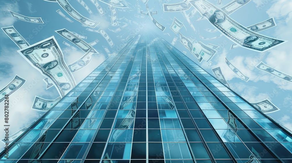 Obraz premium A conceptual image of a skyscraper merged with financial symbols like dollar signs and stock charts, representing economic growth in urban areas. 