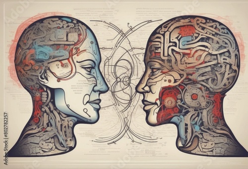 Conceptual illustration of a human head with brain activity and cosmos