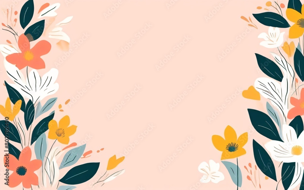 Hand drawn minimalist with flowers and leaves background, empty middle space for text design. Hand drawn minimalist with flowers and leaves background, empty middle space for text design.