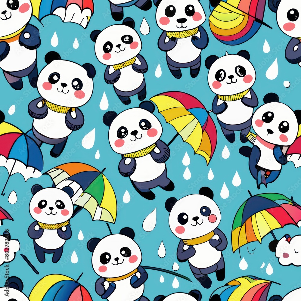 Seamless pattern of smiling ghost pandas with rainbow umbrellas, Generative AI