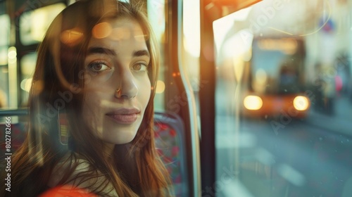 Smiling woman riding bus looking away, beautiful young woman taking bus to work, lifestyle concept. Young smiling woman holding onto a handle while traveling by public bus. © Sittipol 