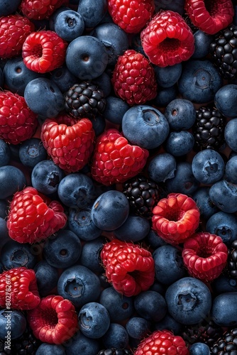 Blueberries, raspberries, and blackberries are neatly arranged in a pattern on a white background