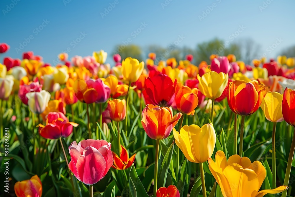 A floral kaleidoscope a field of tulips in a dazzling array of colors bursts into bloom beneath a clear blue sky, creating a vibrant and cheerful scene.