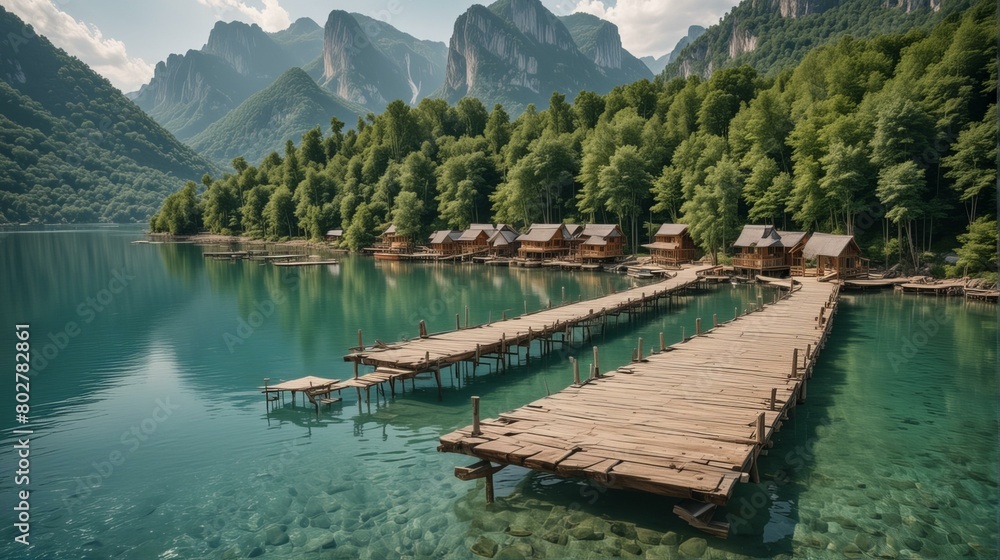 Obraz premium Wooden pier among the mountains on clear water