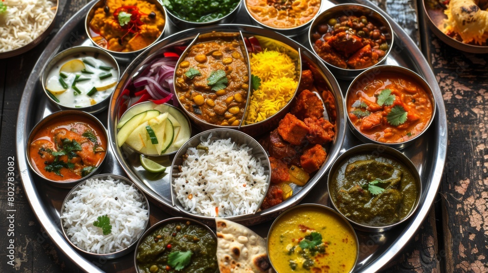 A traditional Indian thali platter filled with a colorful array of curries, rice, lentils, and pickles for a satisfying meal.