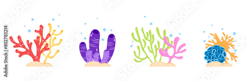 Set of underwater coral plant aquarium decoration tropical ocean marine flat illustration