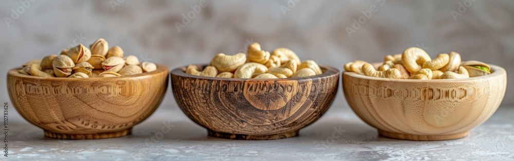 Three wooden bowls on a table filled with various nuts such as almonds, walnuts, and pistachios Three wooden bowls on a table filled with various nuts such as almonds, walnuts, and pistachios