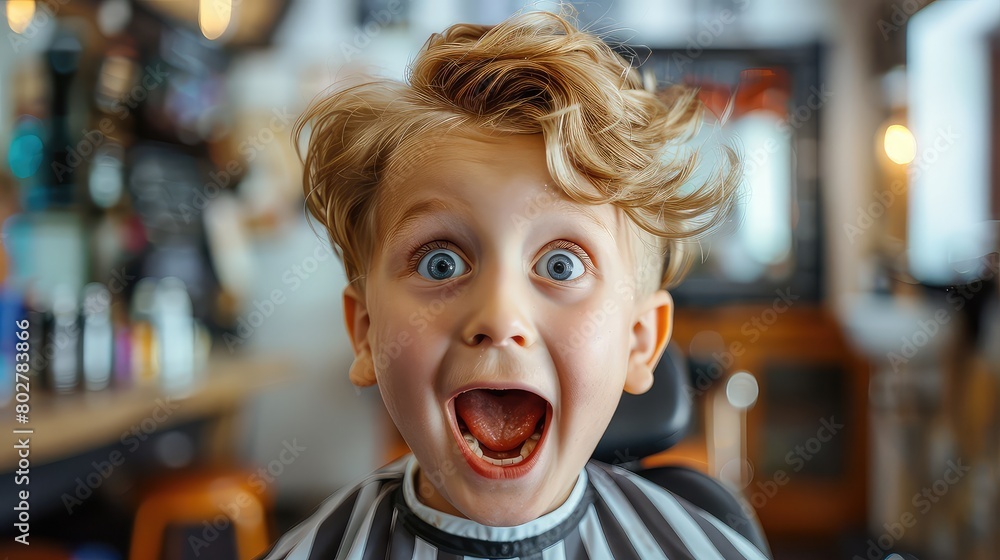 Close-up of the child's face showing a mixture of excitement and nervousness as they sit in the barber's chair. Close-up of the child's face showing a mixture of excitement and nervousness as they sit in the barber's chair.