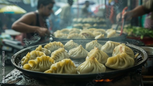 A tray of freshly steamed momos being served to customers at a bustling street food market, attracting hungry passersby with their aroma photo