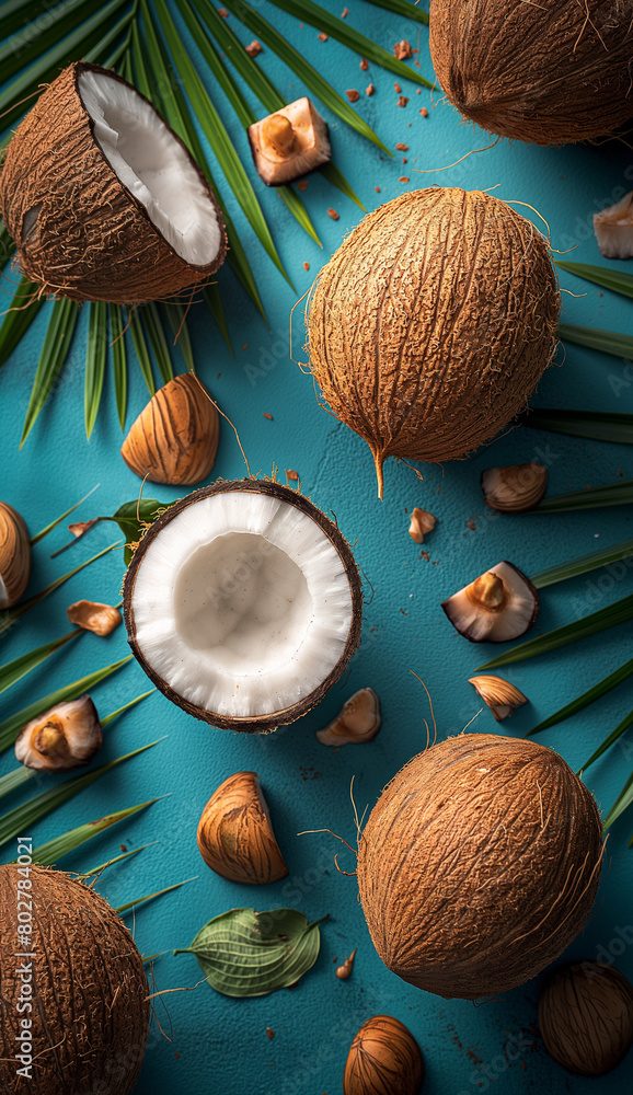 Closeup photo of coconuts on blue background. Food concept. Closeup photo of coconuts on blue background. Food concept.