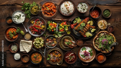 A vibrant array of Indian dishes laid out on a rustic wooden table, enticing with rich colors and aromatic spices.