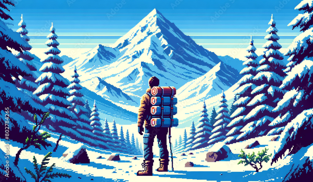 a man hiking in snow mountain and forest area with bag camp equipment pixe; art illustration