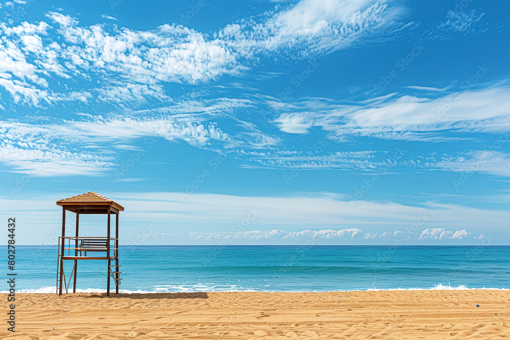 Empty lifeguard tower on beach by sea. Sea holiday safety concept