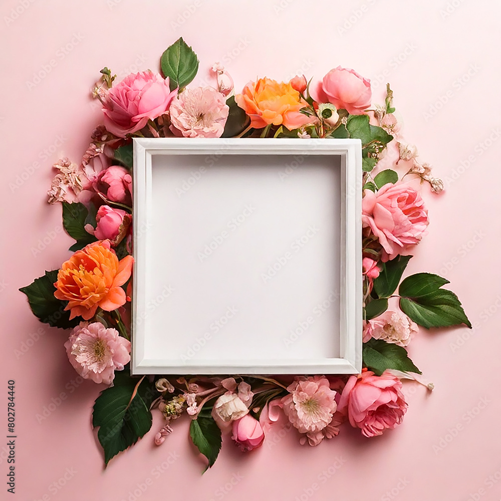 Generative AI image of fresh blooming flowers of various colors and green leaves placed around empty pink photo frame against pink background Generative AI image of fresh blooming flowers of various colors and green leaves placed around empty pink photo frame against pink background