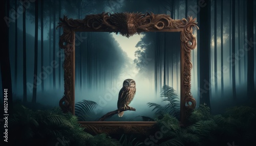 An owl perched gracefully on a frame that blends into a dusky forest setting, with mist curling around.