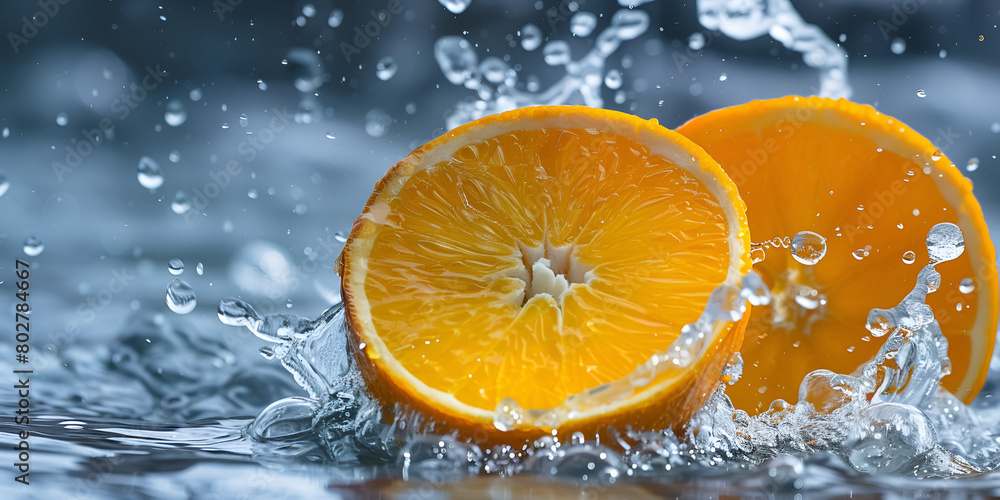 Juicy fresh oranges splash of orange juice orange slices in splashes of waterjuicy citrus with black background Juicy fresh oranges splash of orange juice orange slices in splashes of waterjuicy citrus with black background