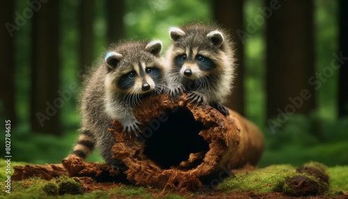 A detailed and focused image of two raccoon siblings playfully exploring a hollow log in a forest setting. photo