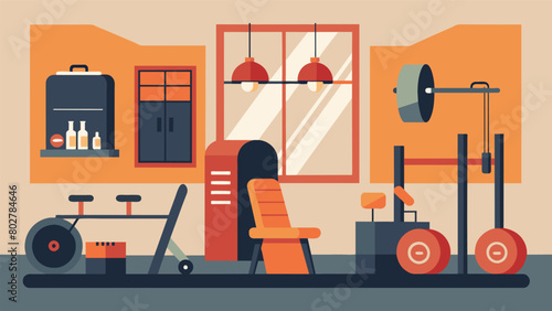 The hotels fitness center features exercise equipment made from upcycled materials giving guests a unique workout experience.. Vector illustration