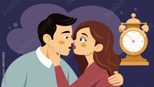 The husband whispering into his wifes ear playfully teasing her about the price of an ornate antique clock.. Vector illustration