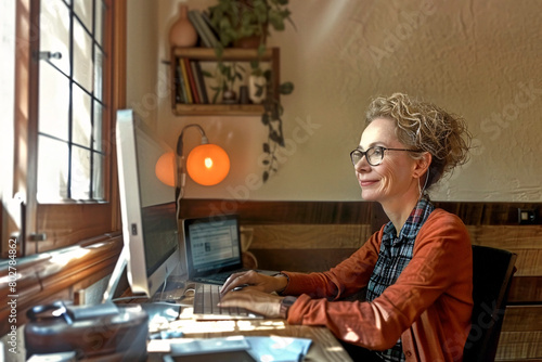 An image capturing the new normal, a mature woman working comfortably from her well-lit home office photo