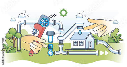 Residential plumbing service for house water system outline hands concept. Professional maintenance, repair or installation for water treatment, heating or drainage vector illustration. Plumber work.