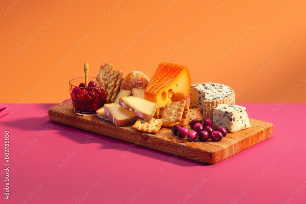 A wooden board with a variety of cheeses and crackers