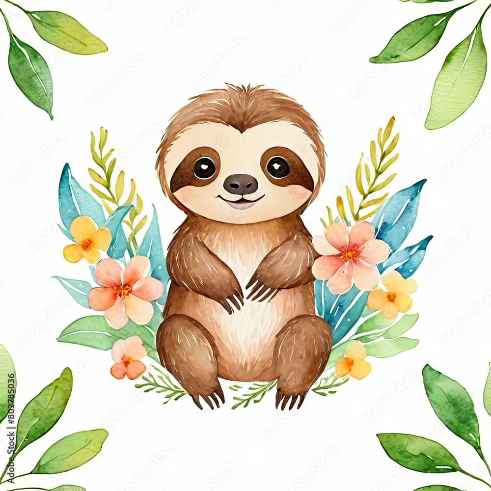 Obraz premium Cute Sloth sitting on Spring Flowers. Watercolor Clipart, Whimsical watercolor playful baby sloth