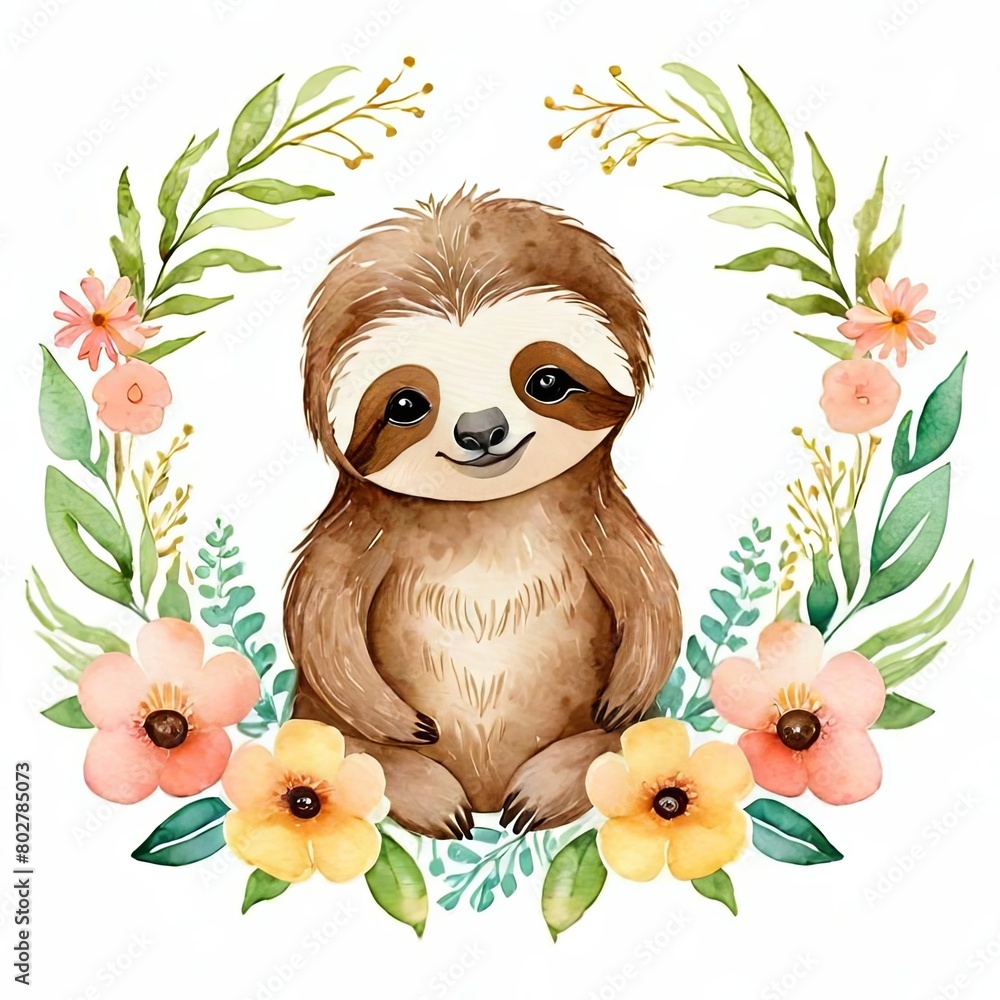 Obraz premium Cute Sloth sitting on Spring Flowers. Watercolor Clipart, Whimsical watercolor playful baby sloth