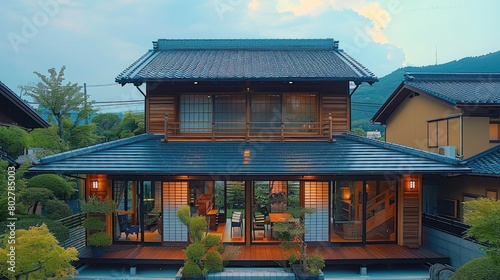 1-story wooden house, Japanese style, with trellises in front of the house, the house is raised from the ground, there are balconies and terraces around the house. Generative AI. © visoot