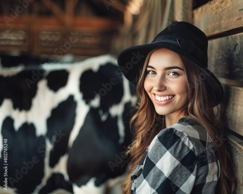 A smiling  female farmer on the background of a cowshed. The concept of farming and animal husbandry.Sustainable small business in agriculture. eco friendly organic farm © Olga