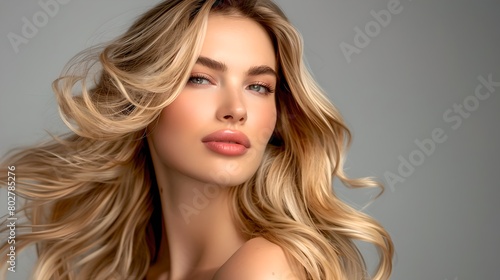Stunning Blonde Woman with Flowing Hair Portraying Elegance and Beauty. Modern, High-End Fashion Studio Portrait. Ideal for Beauty Campaigns. AI