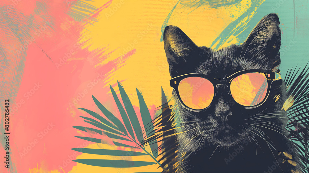 Pop art retro summer concept. Palm leaf and colorful strokes on the background of cat wearing sunglasses. Summer concept holiday, travel, cover and banner backgrounds.
