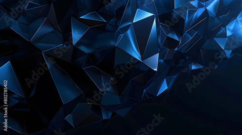 Abstract dark blue background with low poly geometric shapes and glowing lines. Background for presentation  banner or cover design