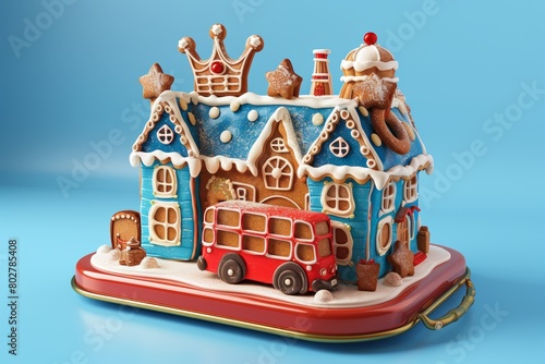 A gingerbread house is displayed on a colorful background