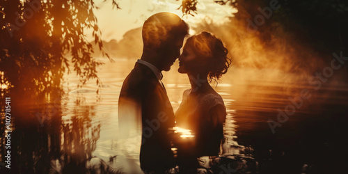 Newlyweds in love in front of a lake, fog rising in the evening light, double exposure