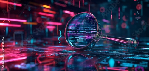 A virtual detective magnifying glass scanning through layers of code on a digital surface, searching for vulnerabilities, set in a dark, neon-lit cyber environment. 32k, full ultra hd, high resolution