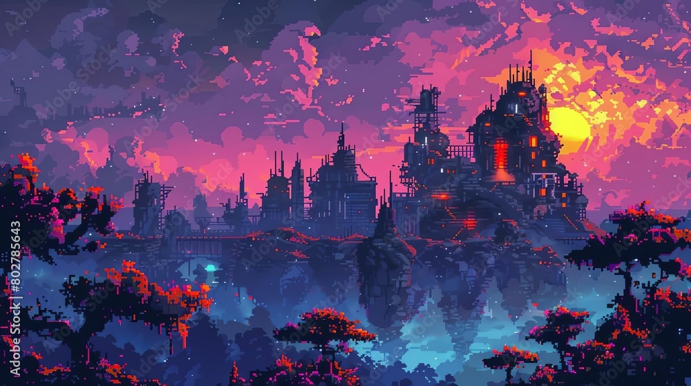a fantasy cityscape featuring a large castle surrounded by trees, with a red tree in the foreground