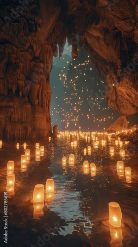 A cave illuminated by thousands of floating lanterns, their light reflecting off the moist cave walls, creating a warm, luminescent celebration in a hidden world