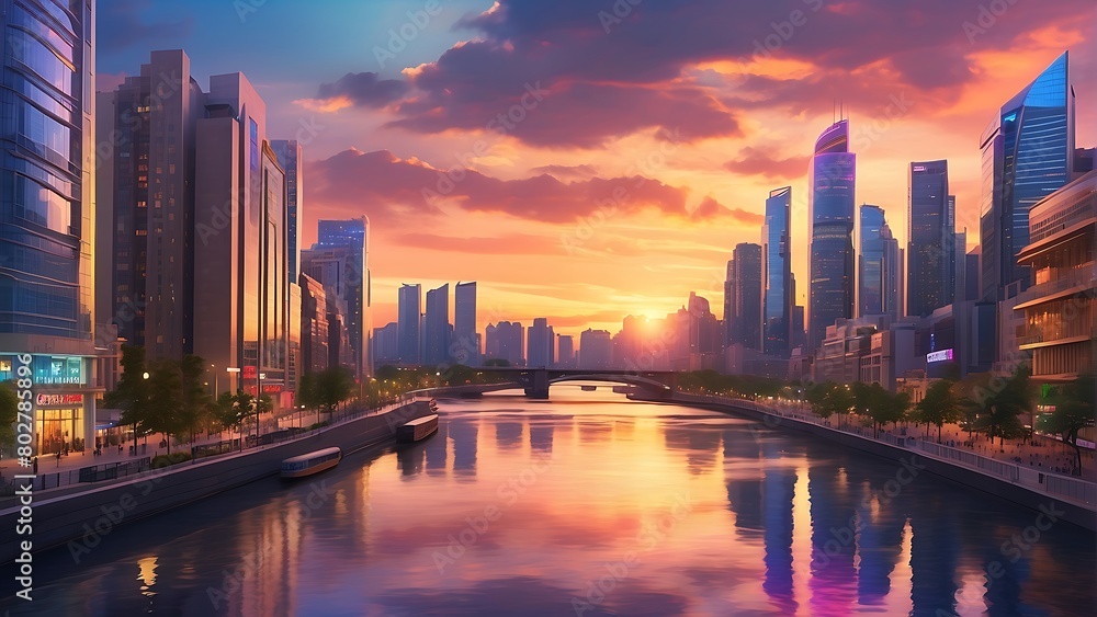 Fototapeta premium sunset over the river : Twilight Metropolis Urban Splendor at Sunset