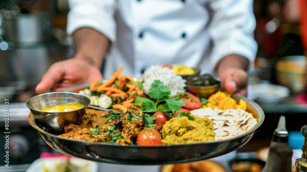 An Indian chef presenting a beautifully plated vegetarian thali, showcasing the diversity and flavors of Indian cuisine.