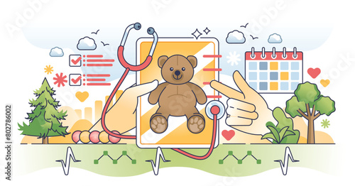 Pediatric EMR or electric medical records database outline hands concept. Digital healthcare management system for children hospital or clinic vector illustration. Diagnosis and treatment data card.