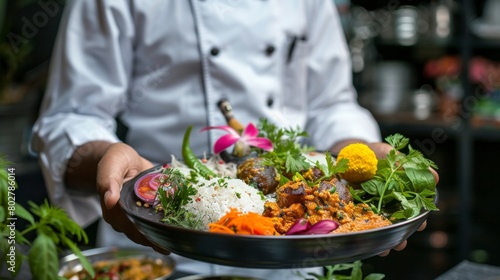 An Indian chef presenting a beautifully plated vegetarian thali, showcasing the diversity and flavors of Indian cuisine.